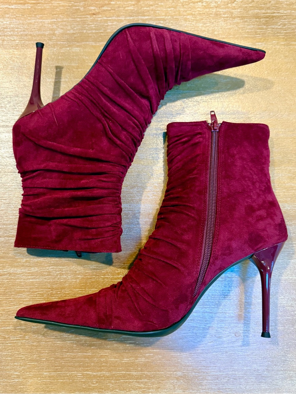 NWOB Jeffrey Campbell Let’s-Go Rouched Stiletto Ankle   Boot Wine Suede Sz 8.5 - Picture 6 of 11